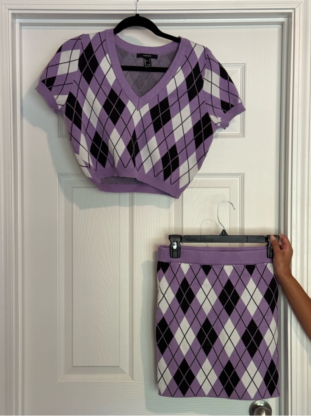 Forever 21 Lavender Argyle Crop Top & Mini Skirt Set